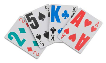Playing cards with large text and image.